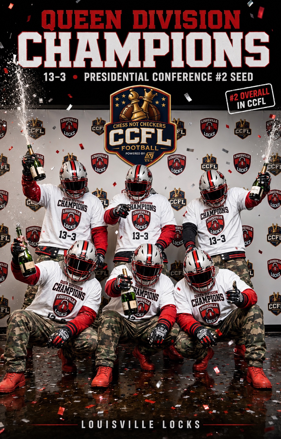 Helmeted Louisville Locks players celebrate the 2026 Queen Division title and a 13–3 regular season beneath the CCFL logo