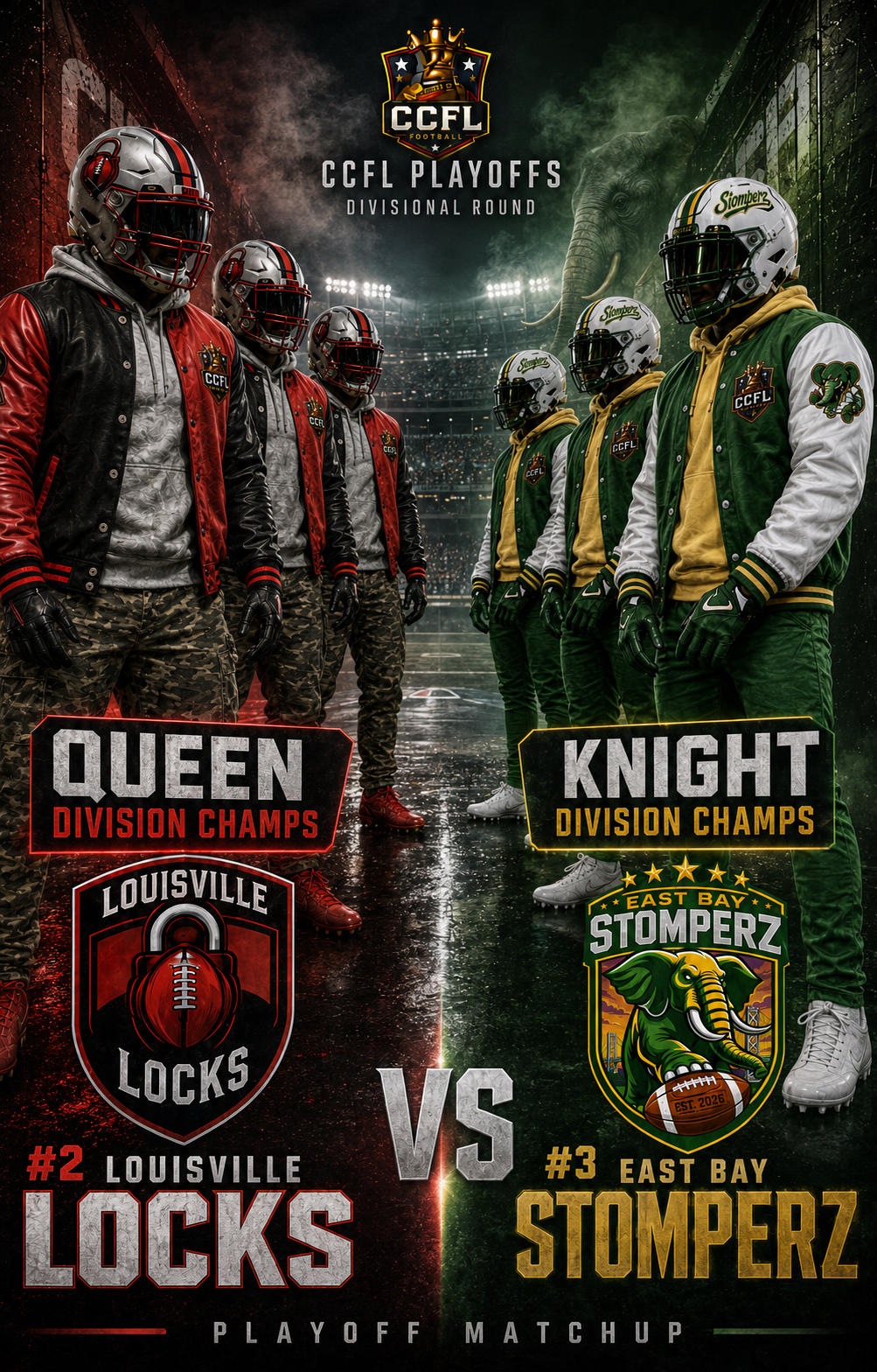 CCFL Divisional Round: #2 Louisville Locks, Queen Division champions, vs #3 East Bay Stomperz, Knight Division champions